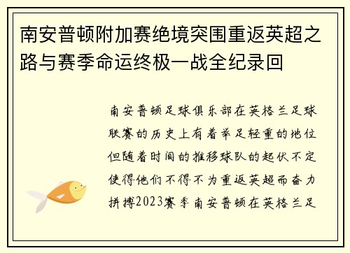 南安普顿附加赛绝境突围重返英超之路与赛季命运终极一战全纪录回