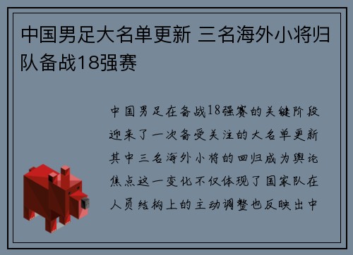 中国男足大名单更新 三名海外小将归队备战18强赛 中国男足大名单更新 三名海外小将归队备战18强赛