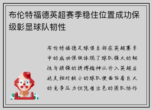 布伦特福德英超赛季稳住位置成功保级彰显球队韧性